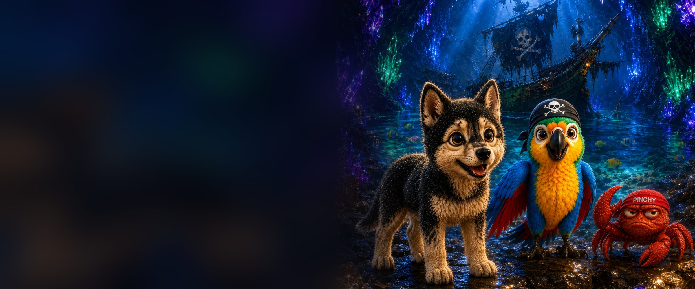 Scotty the wolf pup with Pricey the macaw and Pinchy the crab in a crystal cave beside a sunken pirate ship