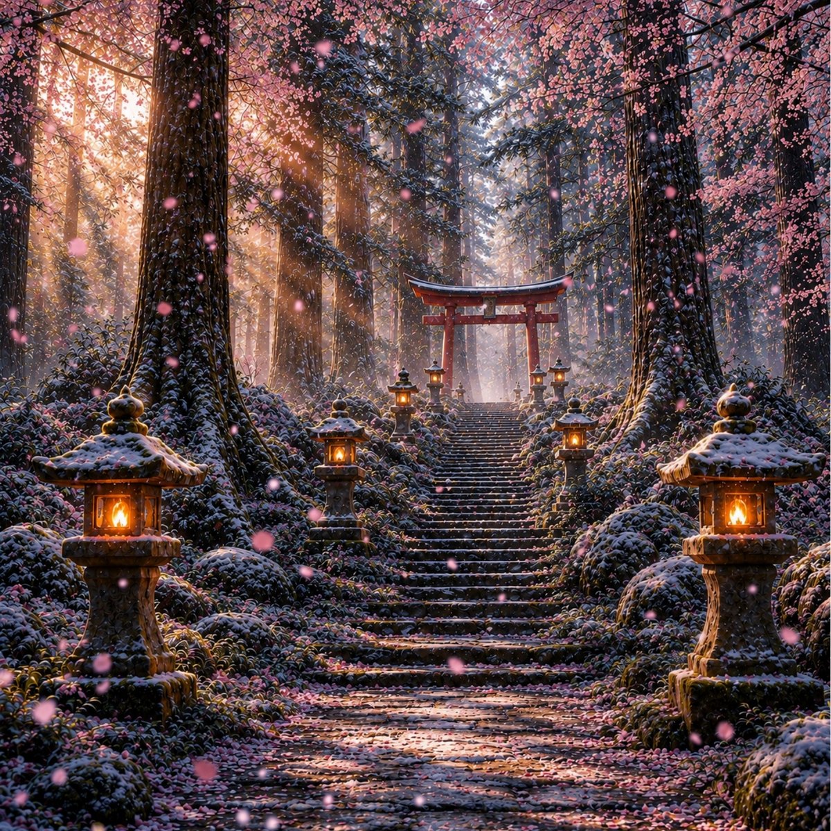 A misty Japanese forest path lit by stone lanterns, leading up mossy steps to a red torii gate