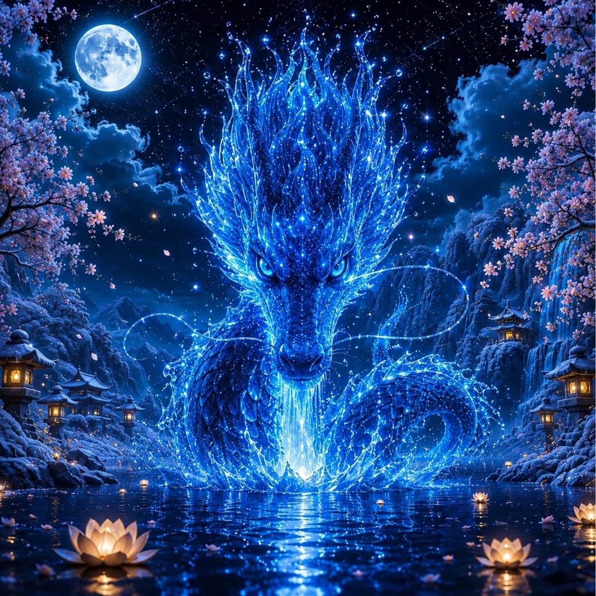 The great river dragon made of water and moonlight rising over a lantern-lit river under a full moon