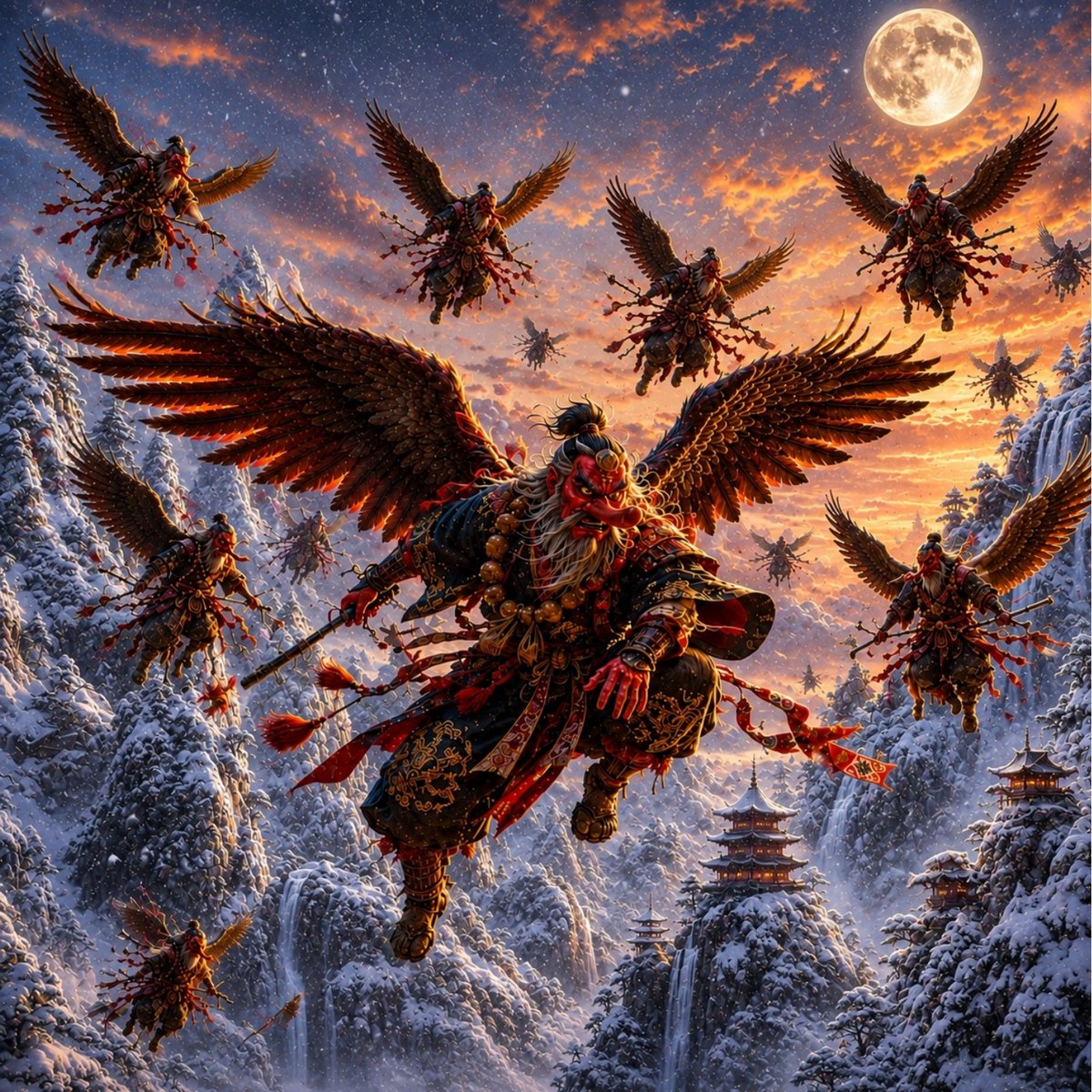 A Tengu, a winged warrior spirit of Japanese legend, flying over snowy mountains at sunset with its sword drawn