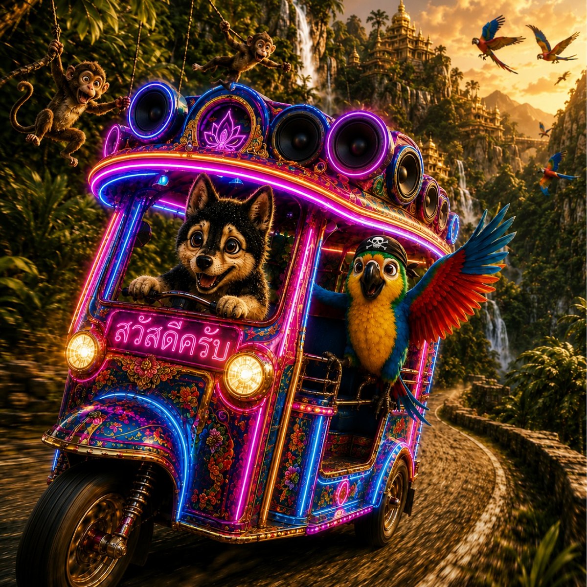 Scotty the wolf pup driving a brightly lit neon tuk-tuk through the Thai jungle with Pricey the macaw leaning out of the side